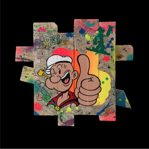 Pop Art inspired artwork featuring Popeye on recycled wood palette, showcasing vibrant colors and dynamic design.