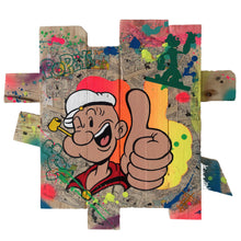 Charger l&#39;image dans la galerie, Pop Art artwork of Popeye on recycled wood, featuring bright colors and dynamic composition, crafted by an artist.