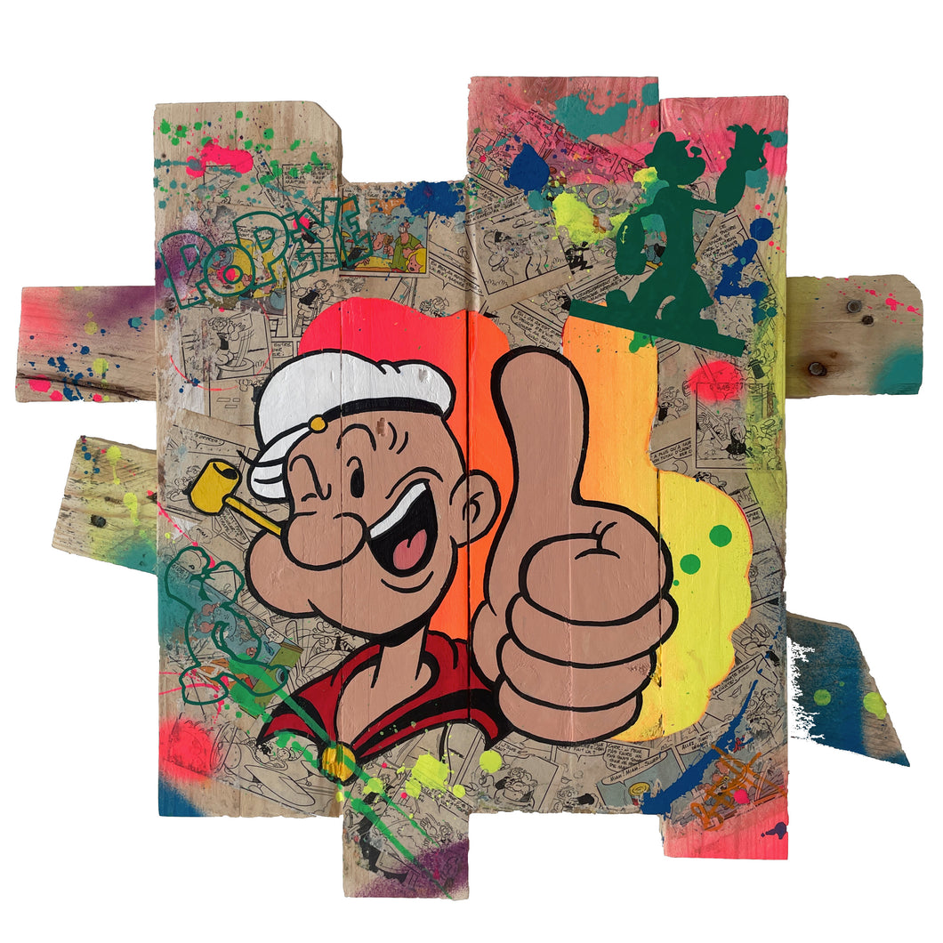 Pop Art artwork of Popeye on recycled wood, featuring bright colors and dynamic composition, crafted by an artist.