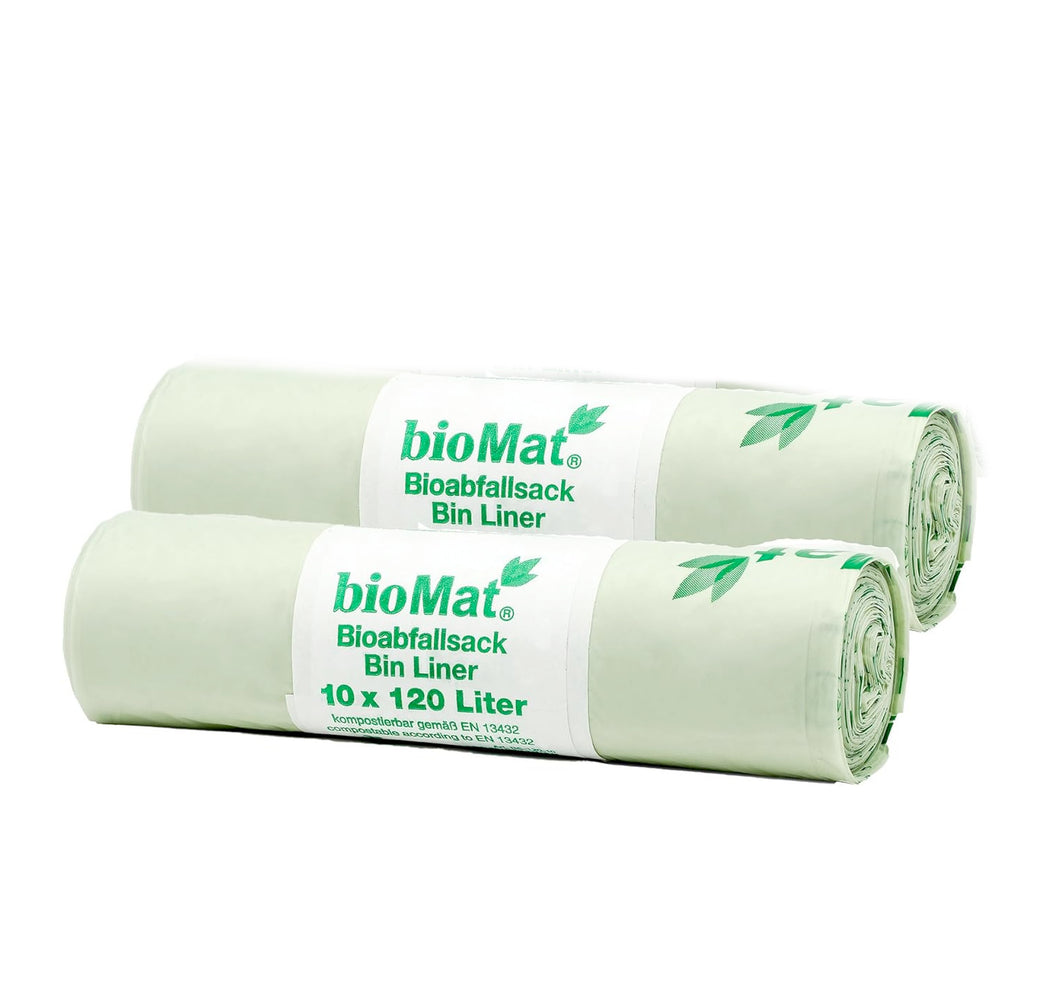 Deux rouleaux de sacs poubelle compostables bioMat 120 litres, contenant 10 sacs chacun, pour déchets organiques.