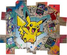 Load image into Gallery viewer, Pikachu pop art on recycled wood, with vibrant colors and Pokémon cards, capturing energy and joy.