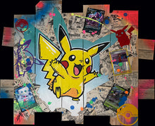 Carica l&#39;immagine nel visualizzatore di Gallery, Tableau Pop Art Pikachu sur bois recyclé, mettant en avant l&#39;énergie joyeuse du personnage emblématique Pokémon.