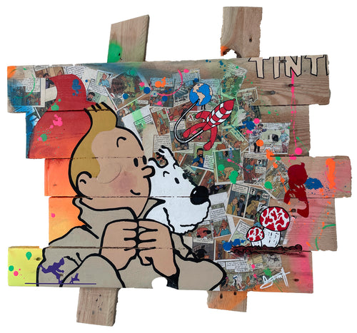 Tableau Pop Art représentant Tintin et Milou sur bois recyclé, célébrant leur aventure et amitié.