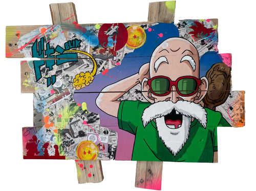 Vibrant pop art of Tortue Géniale on recycled wood, showcasing energetic colors and comic cutouts.