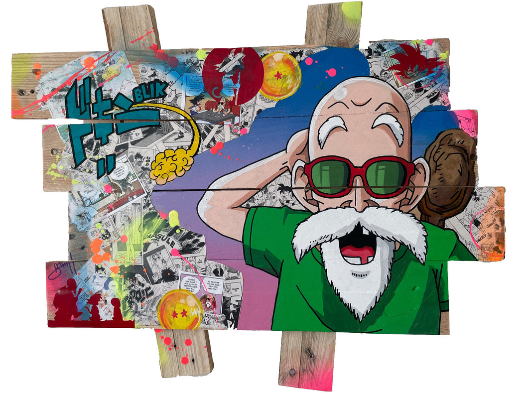 Vibrant pop art of Tortue Géniale on recycled wood, showcasing energetic colors and comic cutouts.