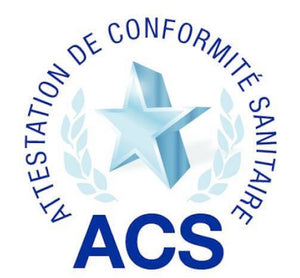 Attestation de conformité sanitaire ACS avec étoile et lauriers, symbole de qualité et sécurité.