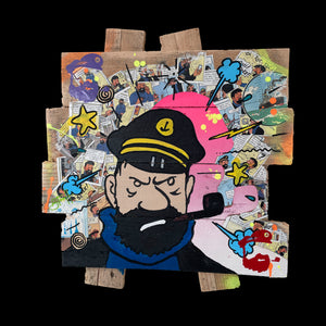 Tableau pop art du Capitaine Haddock sur bois recyclé, illustrant son caractère vibrant et iconique.