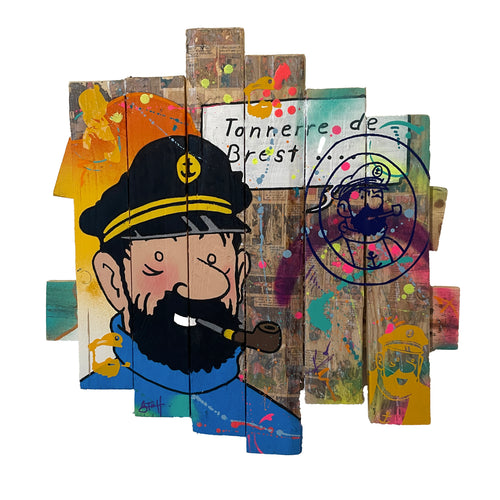 Tableau POP Art Captain Haddock on wooden palette, vibrant colors, iconic Tintin character, playful and bold design.