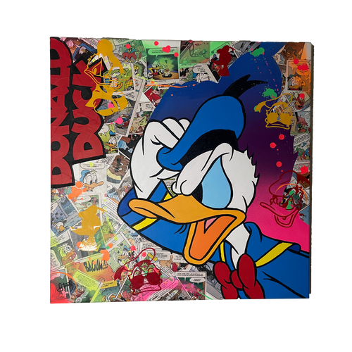 Pop Art canvas of Donald Duck by Vincent Streiff, featuring vibrant colors and playful aesthetics.