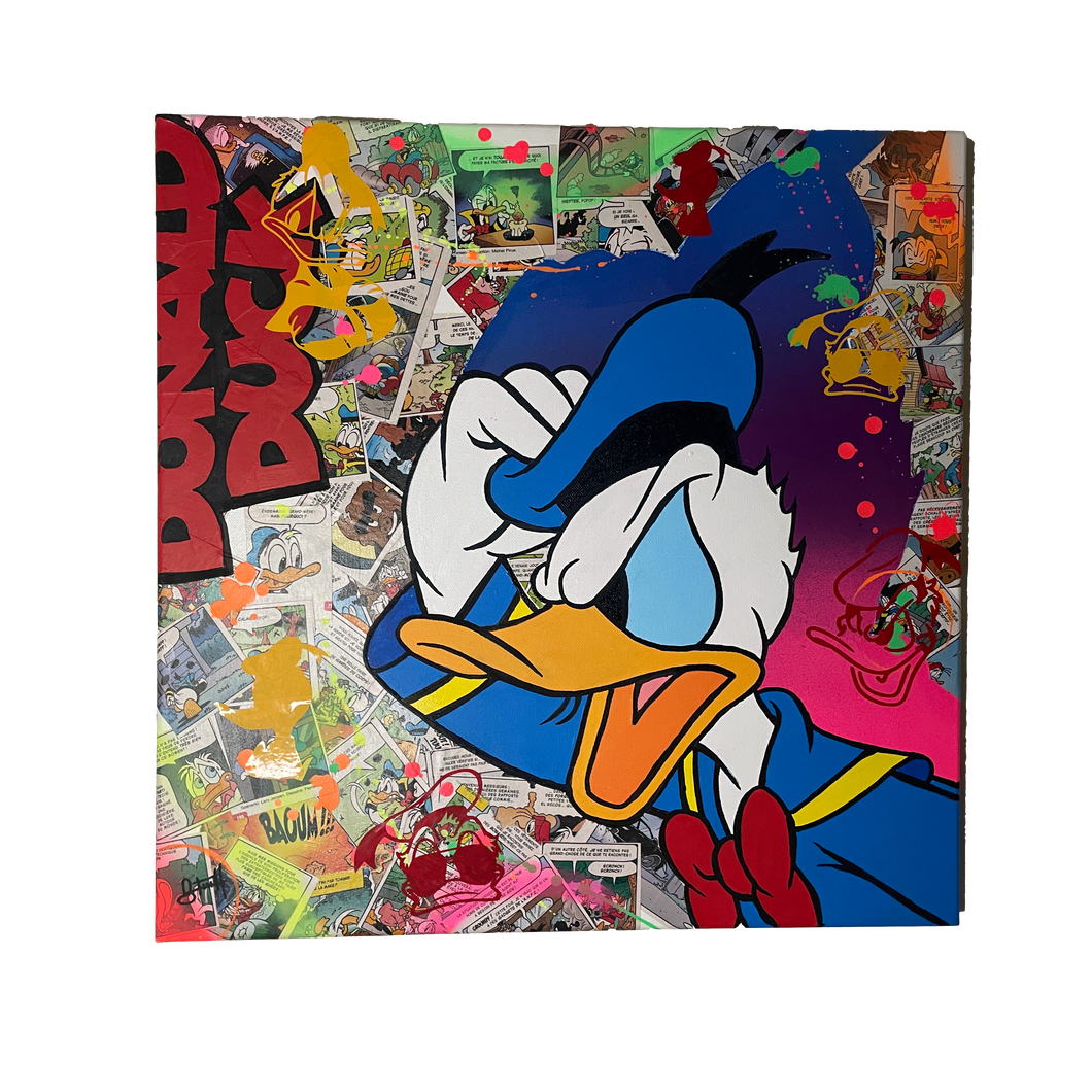 Pop Art canvas of Donald Duck by Vincent Streiff, featuring vibrant colors and playful aesthetics.