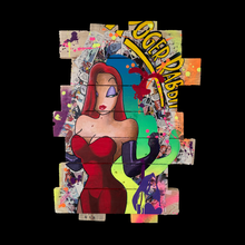 Laden Sie das Bild in den Galerie-Viewer, Tableau Pop Art de Jessica Rabbit, réalisé en bois recyclé avec des éléments de bandes dessinées et des couleurs éclatantes.