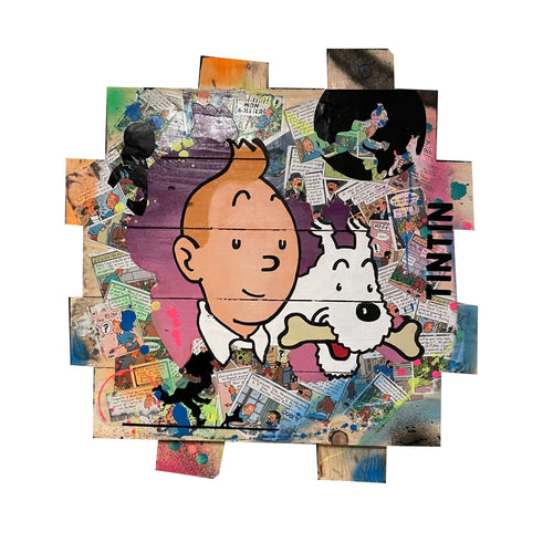 Tableau POP Art de Tintin et Milou, création colorée sur bois de palette, illustrant l'aventure des célèbres personnages.