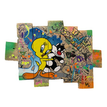 Cargar imagen en el visor de la galería, Pop Art painting of Titi and Grosminet on recycled wood, vibrant colors and playful design inspired by Looney Tunes.